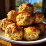 A stack of perfectly baked, golden brown cream cheese sausage balls piled high on a white plate.