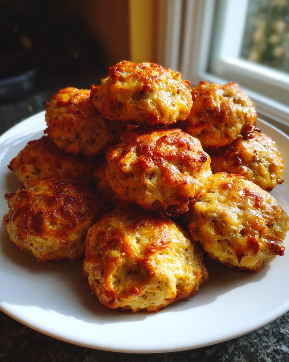 A pile of freshly baked, golden brown cream cheese sausage balls stacked on a white plate near a window.