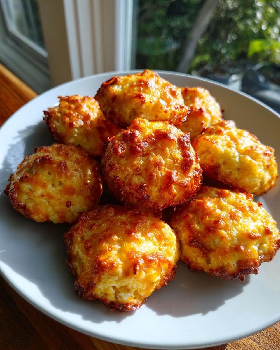 A plate of freshly baked, golden brown cream cheese sausage balls catching bright sunlight.
