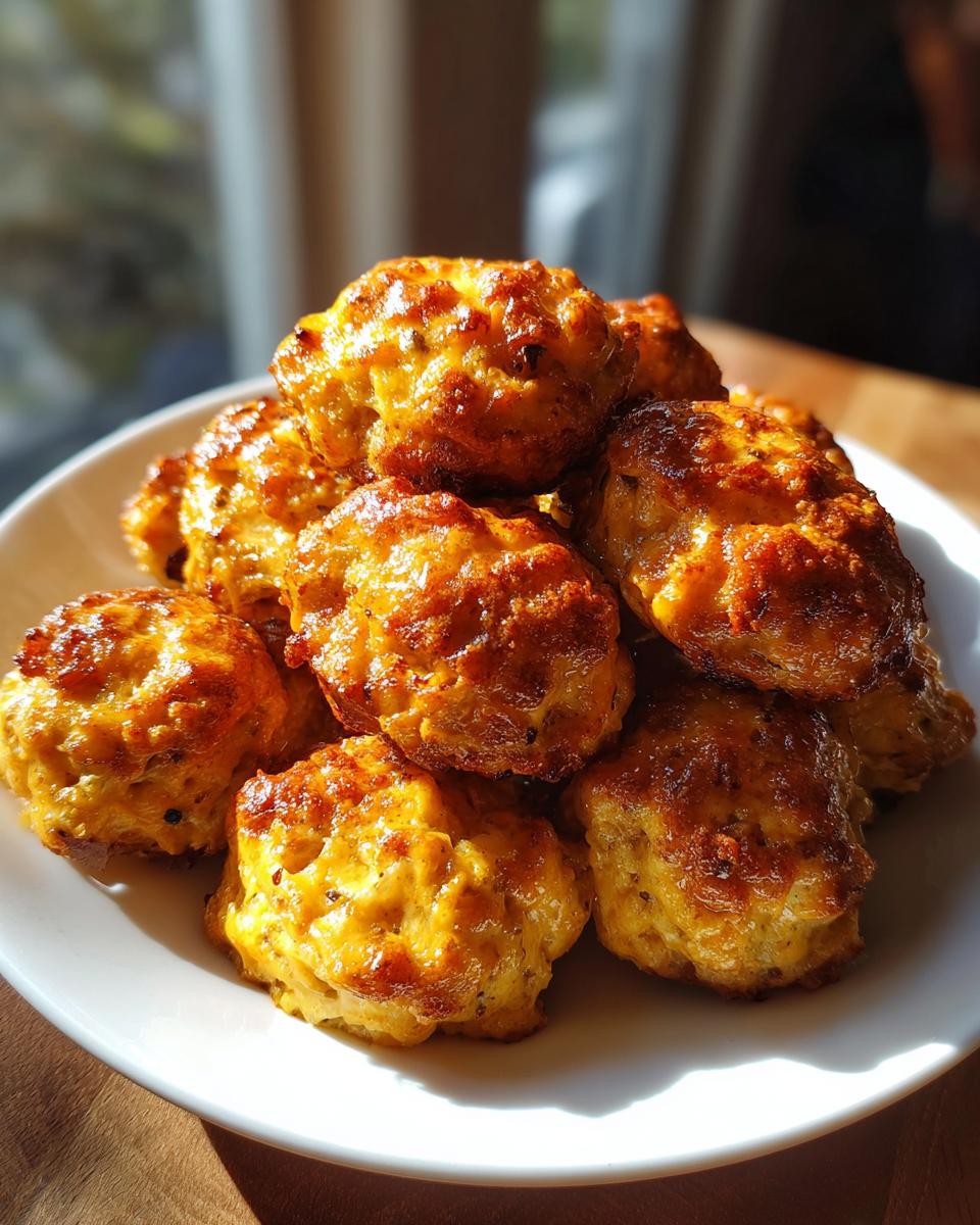 A pile of golden brown, freshly baked cream cheese sausage balls stacked high on a white plate.