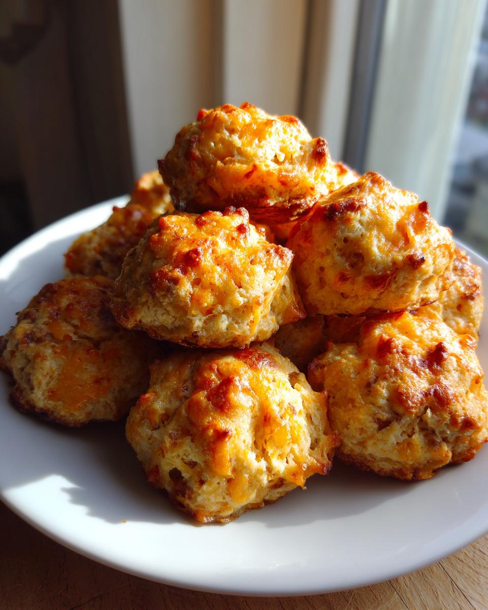 A stack of freshly baked, golden brown cream cheese sausage balls piled high on a white plate.