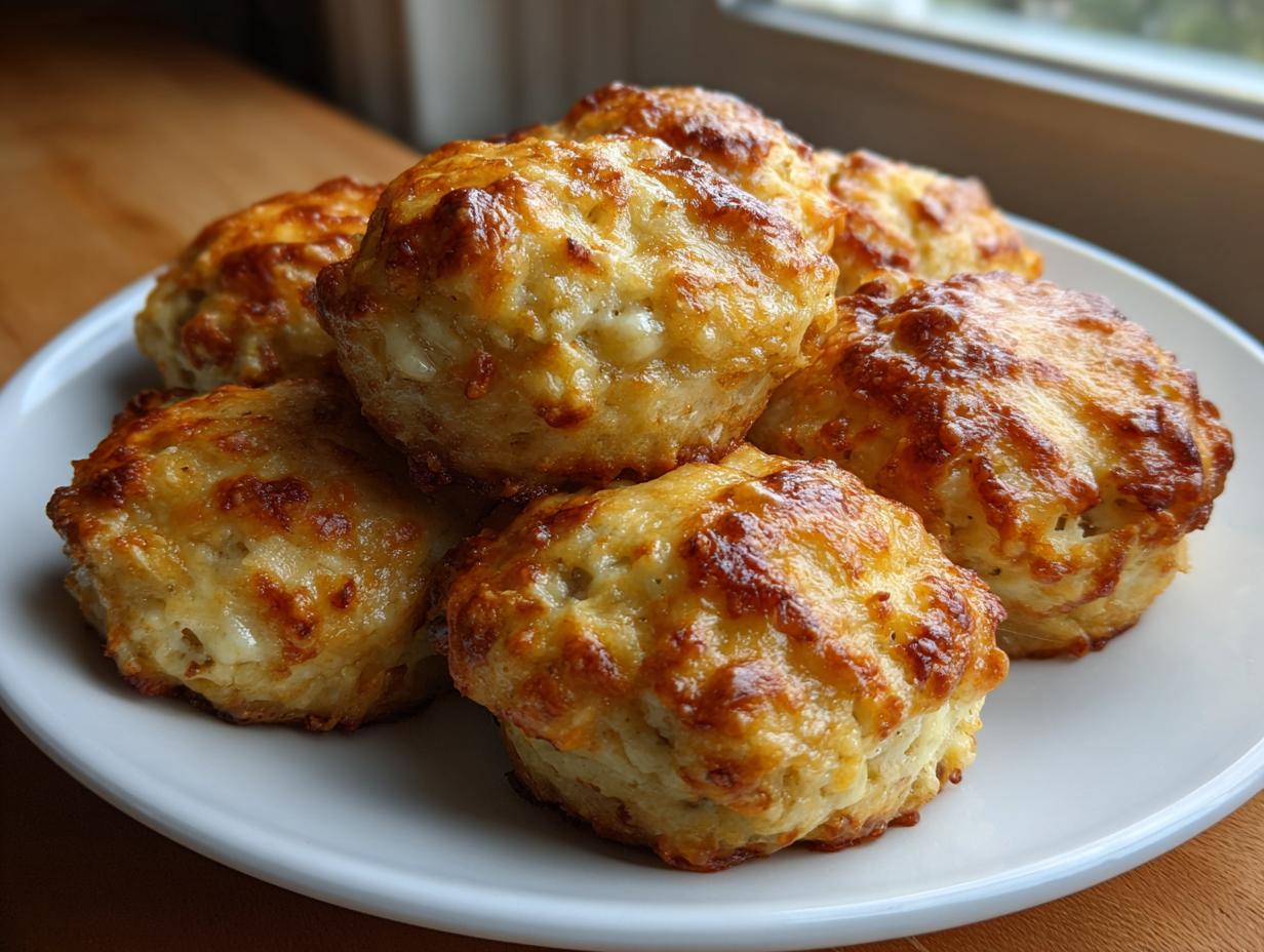 A stack of freshly baked cream cheese sausage balls with a golden-brown, cheesy crust served on a white plate.