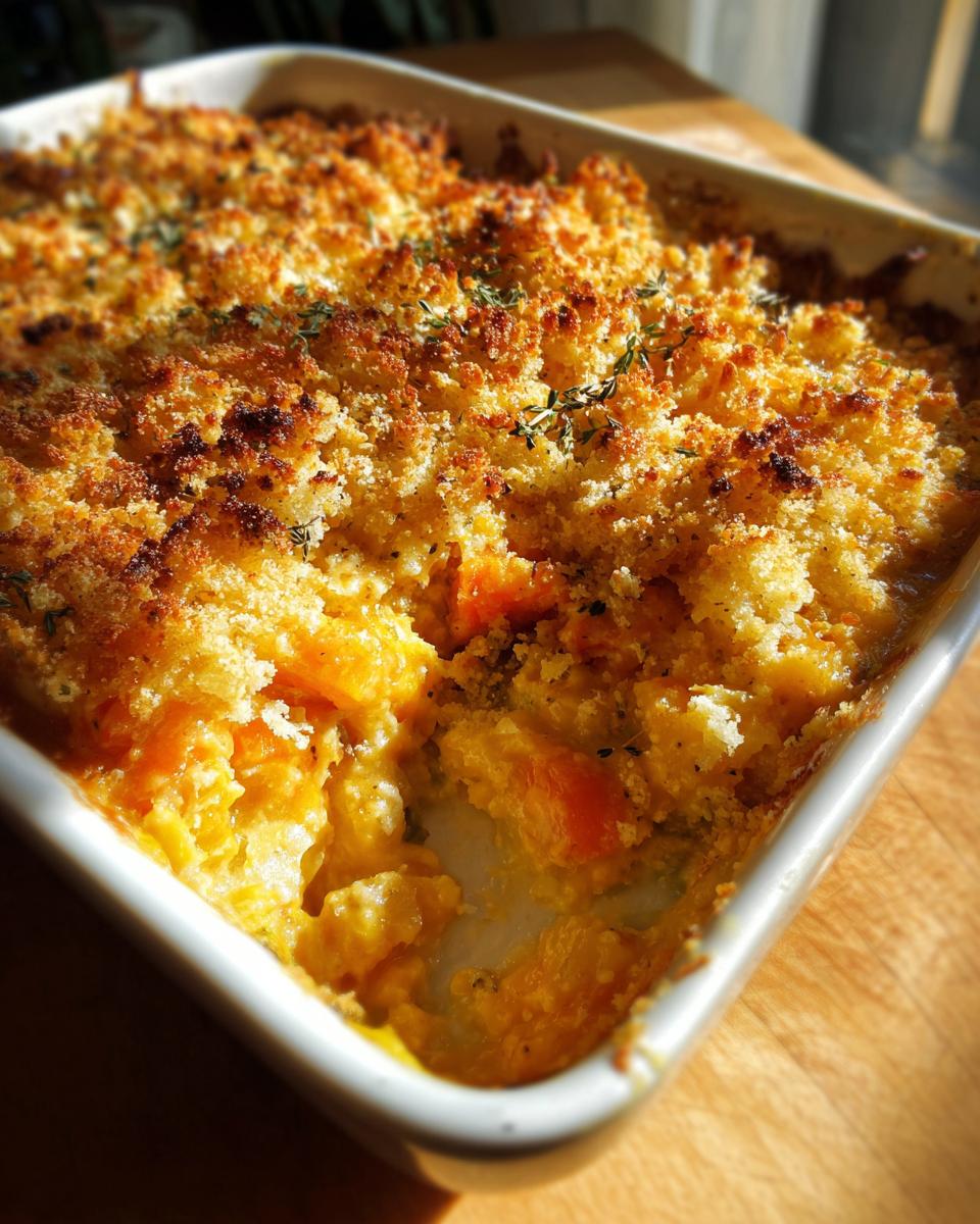 Close-up of a baked vegetable casserole with a golden, crunchy breadcrumb topping and visible orange vegetables inside.