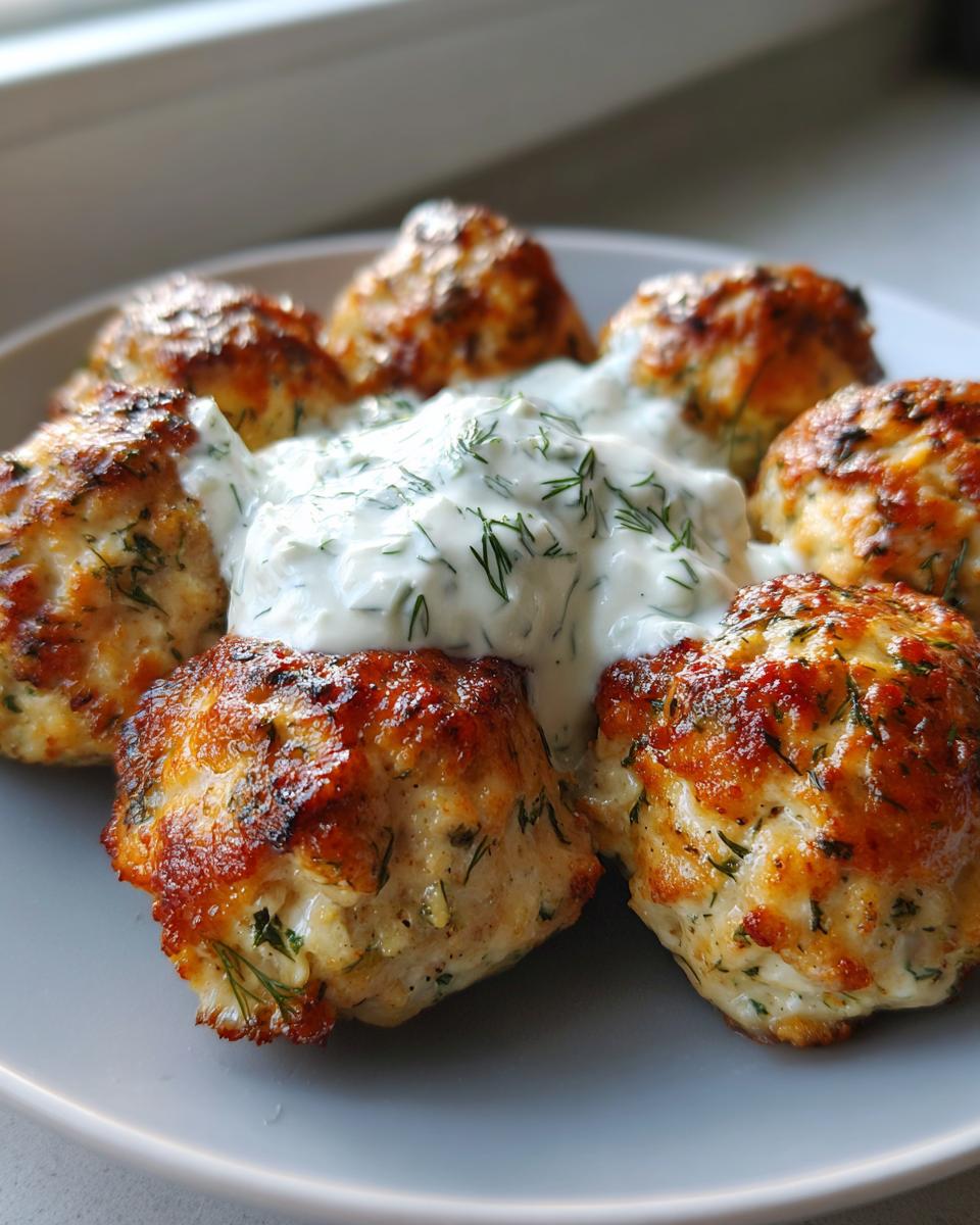 A plate of golden brown greek chicken meatballs served with a dollop of creamy dill tzatziki sauce in the center.