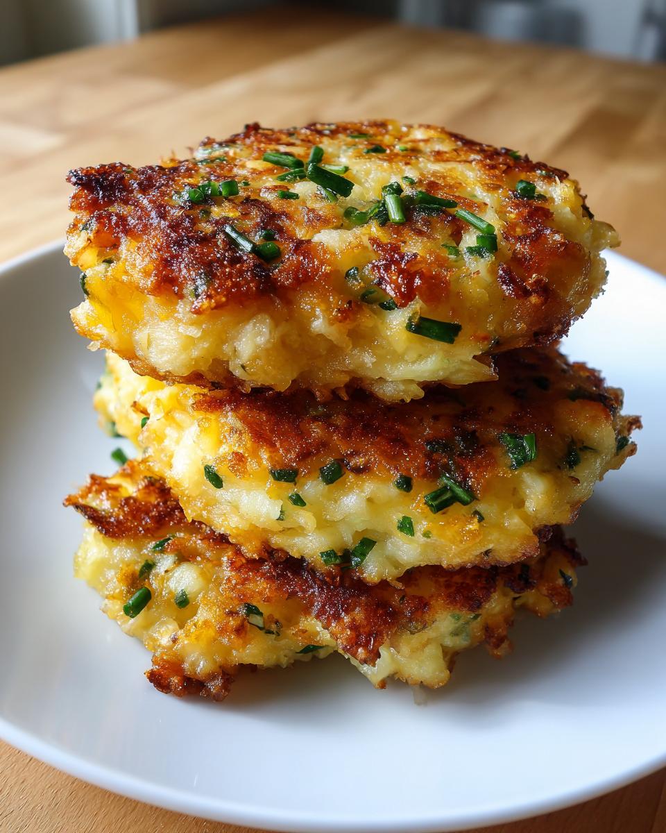 A stack of three golden brown, pan-fried mashed potato cakes topped with fresh chopped chives.