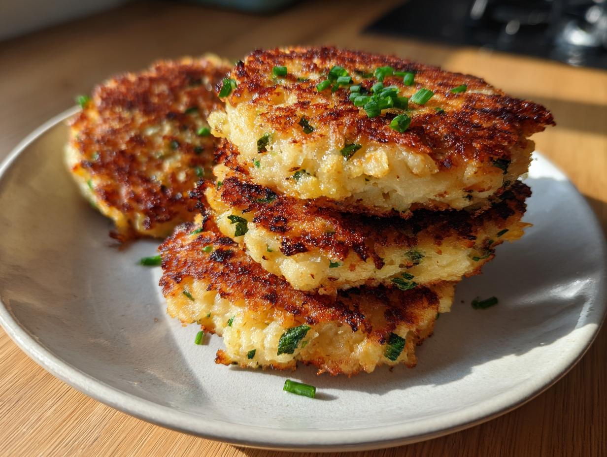 A stack of three golden brown, crispy mashed potato cakes garnished with fresh green chives on a light plate.