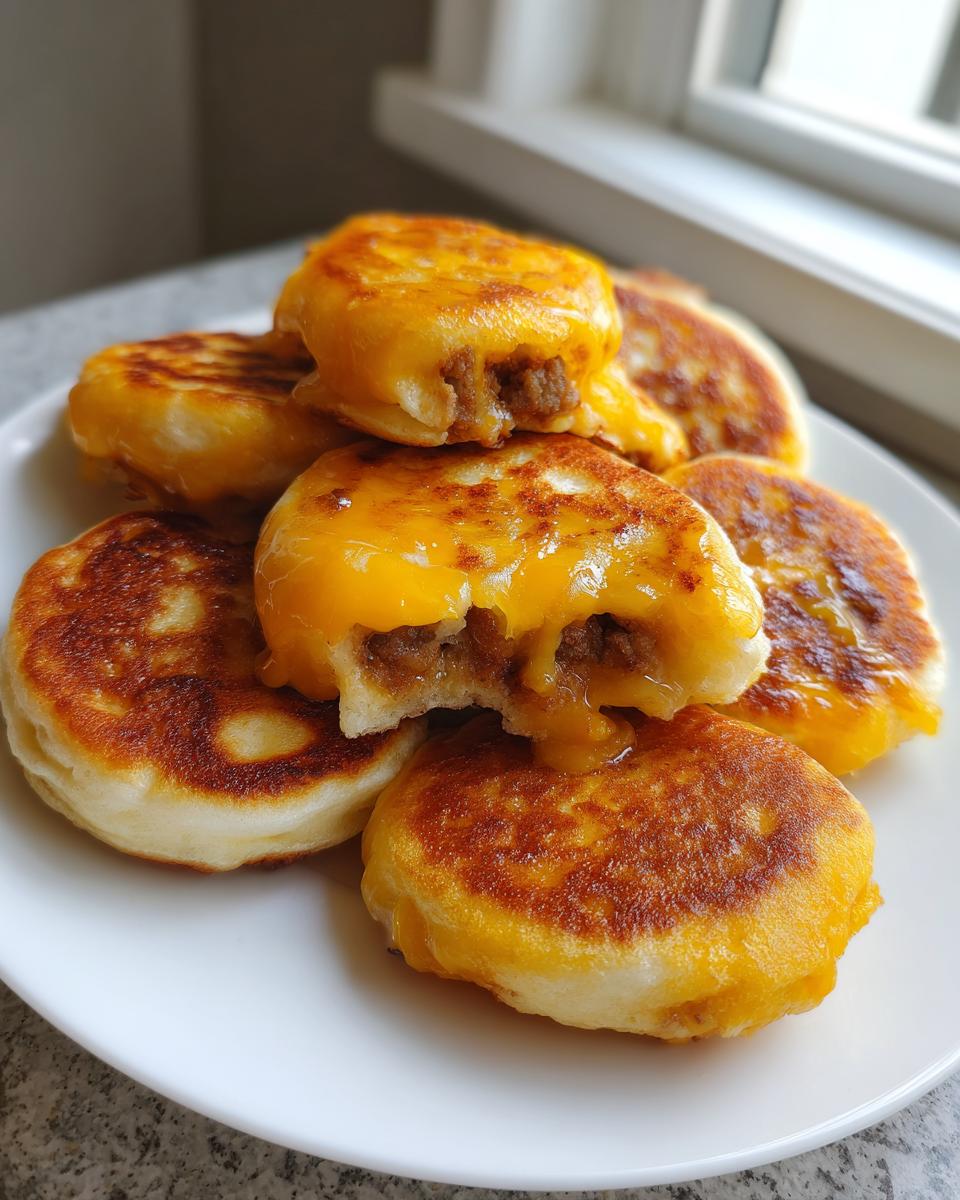 A stack of golden brown McGriddle bites filled with sausage and topped with melted cheddar cheese.