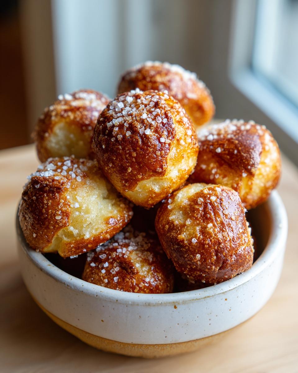 A small bowl filled with freshly baked, golden brown pretzel bites sprinkled generously with coarse salt.