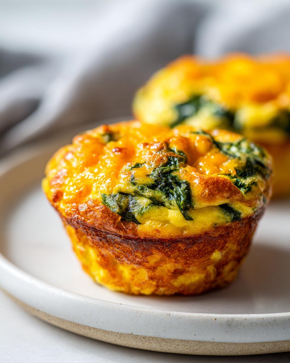 Close-up of a perfectly baked spinach and cheese egg muffin with a golden, slightly browned exterior.