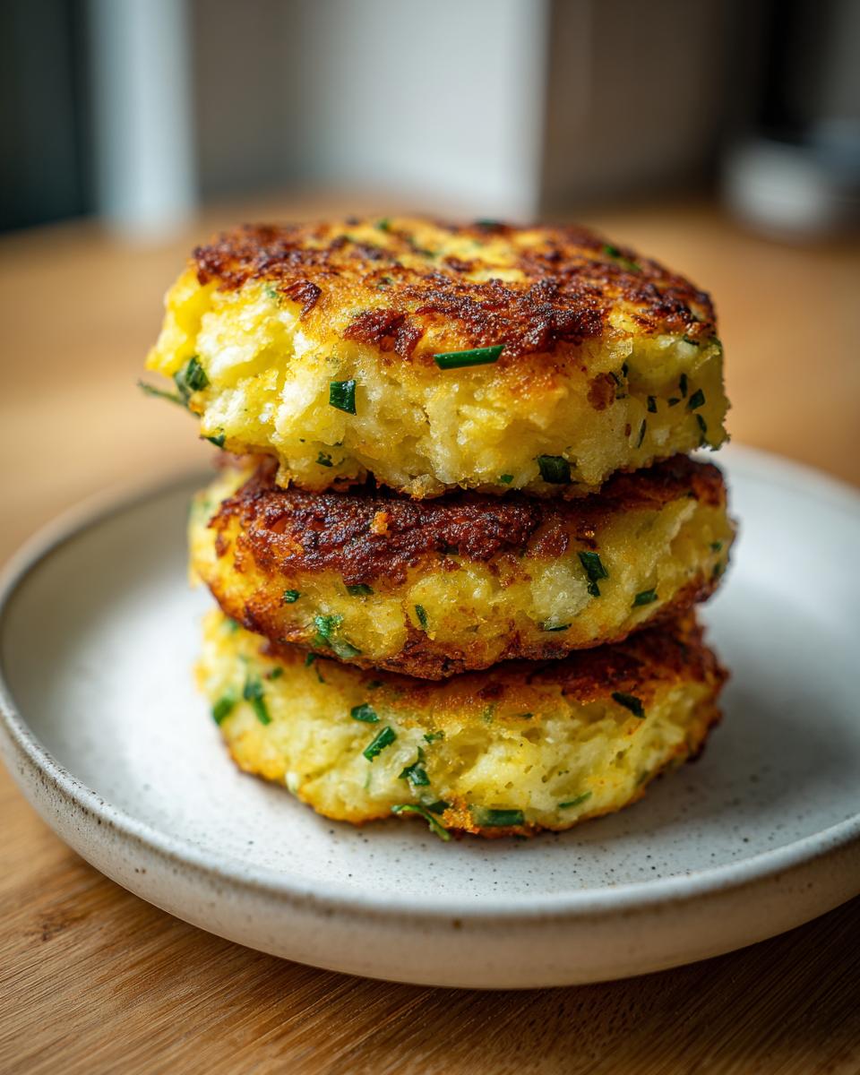 A stack of three golden brown, pan-fried mashed potato cakes flecked with green chives on a speckled white plate.