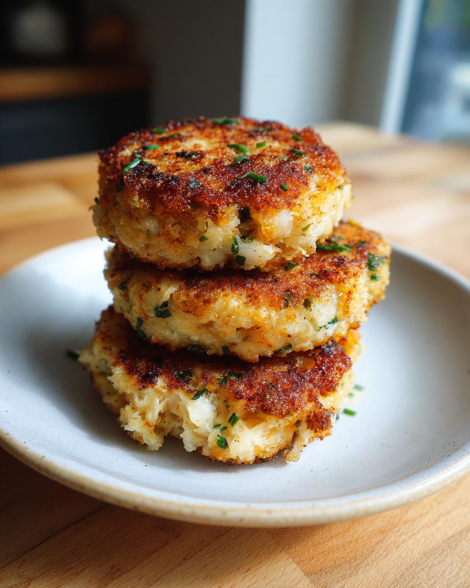 Three perfectly golden brown mashed potato cakes stacked on a light ceramic plate, garnished with chives.
