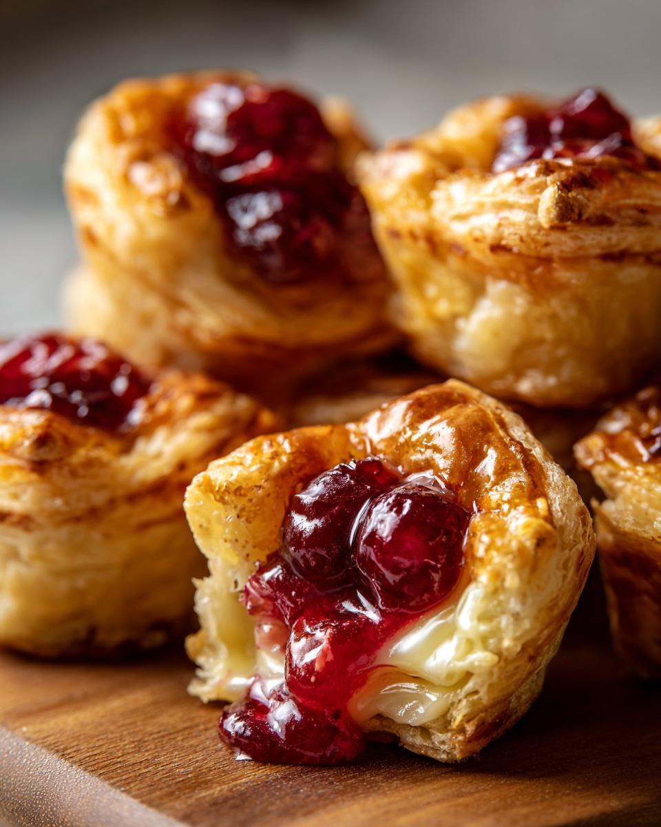 Close-up of flaky pastry brie bites filled with melted brie cheese and topped with bright red cranberry sauce.