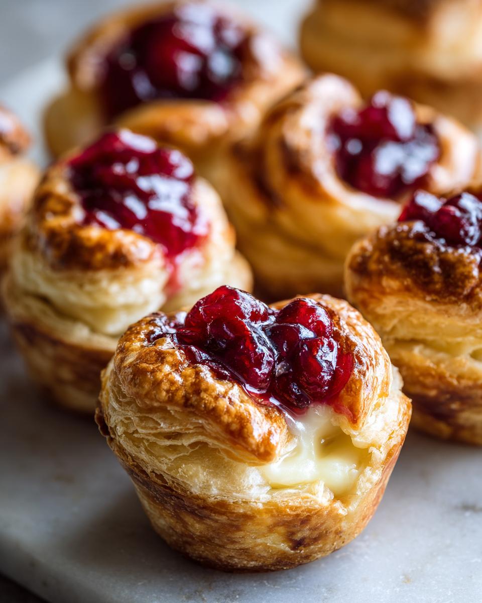 Close-up of warm, flaky pastry brie bites filled with melted brie and topped with bright red cranberry sauce.