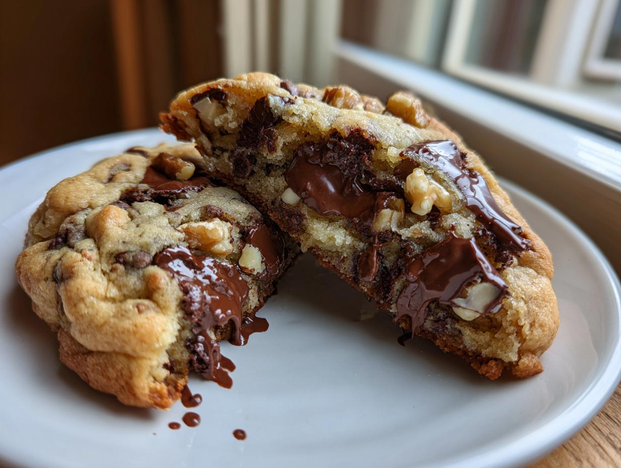 Close-up of a thick levain bakery chocolate chip cookie broken in half, showing gooey melted chocolate and walnuts.