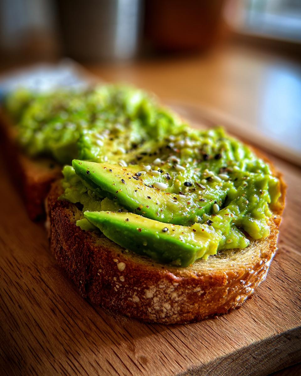 Close-up of gourmet avocado toast featuring mashed and sliced avocado, seasoned with pepper and sesame seeds on toasted bread.