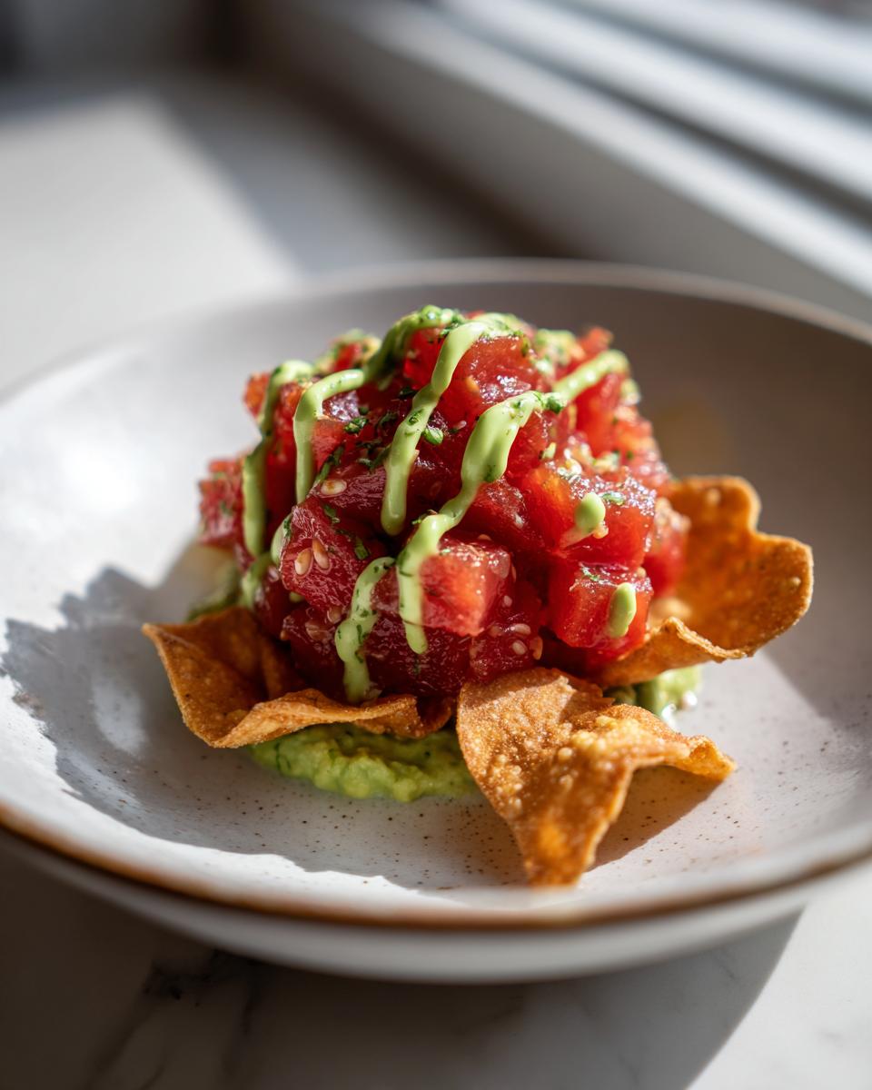 Close-up of vibrant red tuna tartare stacked on avocado mash, drizzled with green sauce, served with crispy wonton chips.