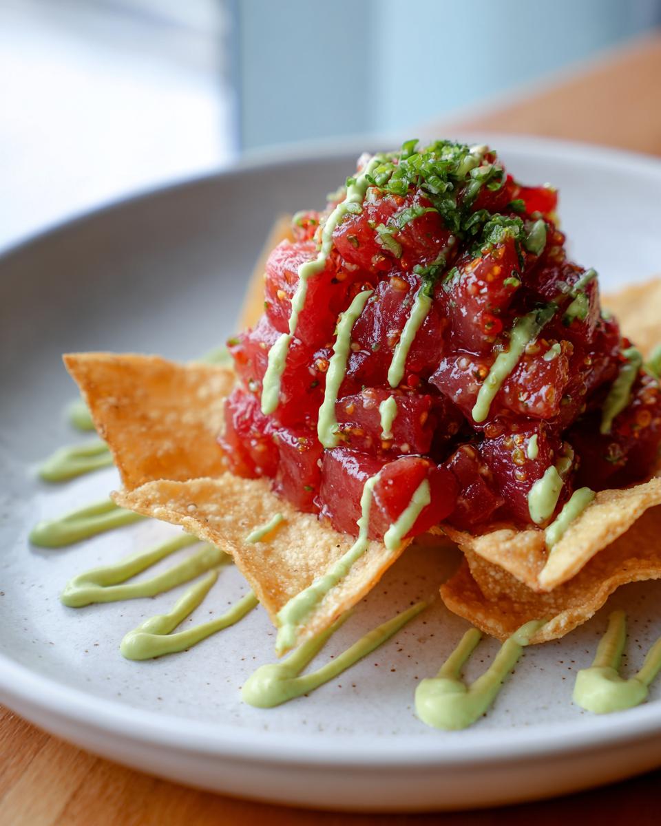 Close-up of vibrant tuna tartare piled high on crispy wonton chips, drizzled with green sauce.