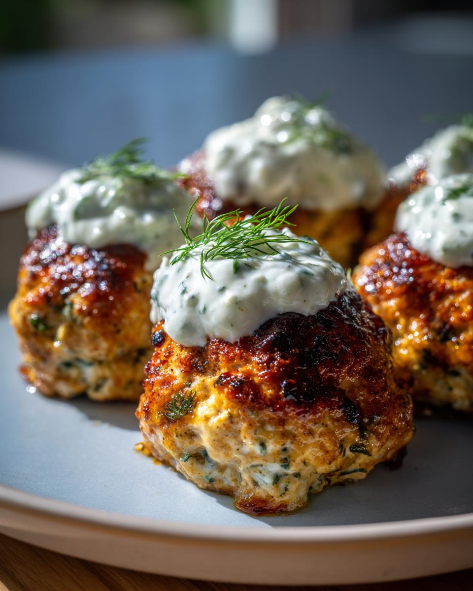 Close-up of perfectly browned greek chicken meatballs topped with creamy tzatziki sauce and fresh dill.