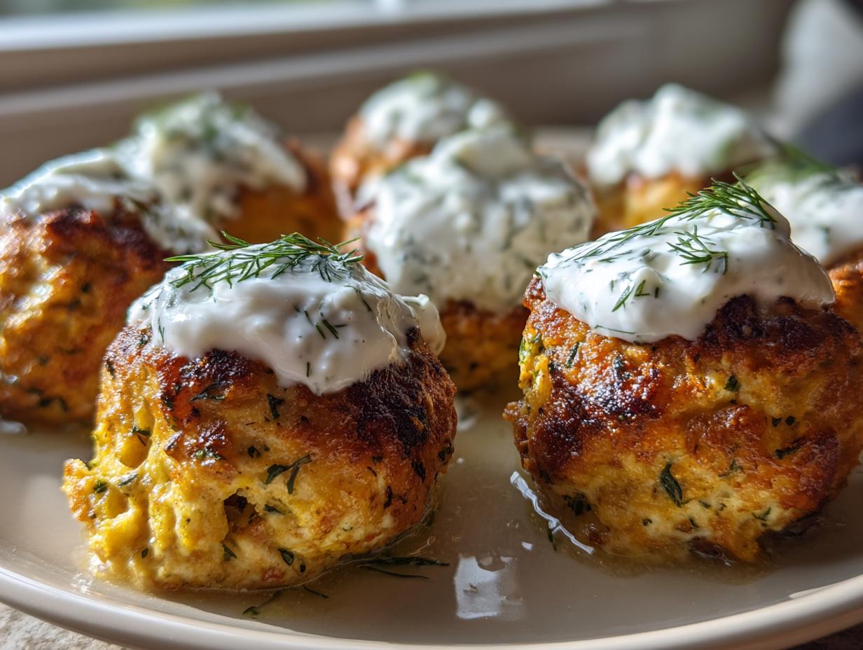 Close-up of golden brown Greek chicken meatballs topped with creamy tzatziki sauce and fresh dill.