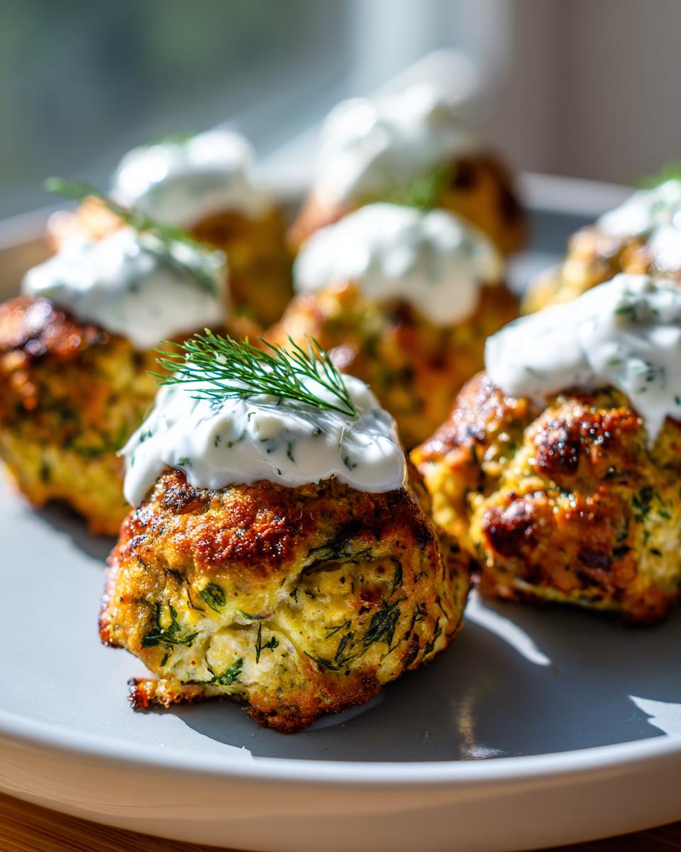 Close-up of golden brown greek chicken meatballs topped with creamy tzatziki sauce and fresh dill.