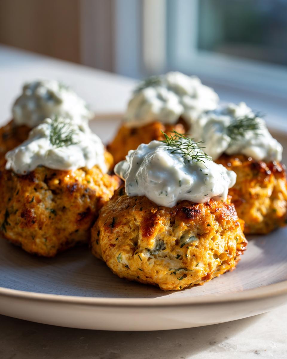 Close-up of golden brown greek chicken meatballs topped with creamy tzatziki sauce and fresh dill.