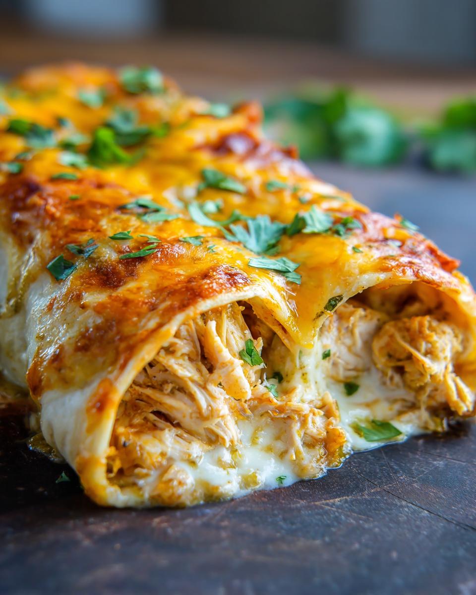 Close-up of gooey green chile chicken enchiladas showing shredded chicken and melted cheese filling.