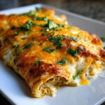 Close-up of baked green chile chicken enchiladas topped with melted orange and white cheese and fresh cilantro.