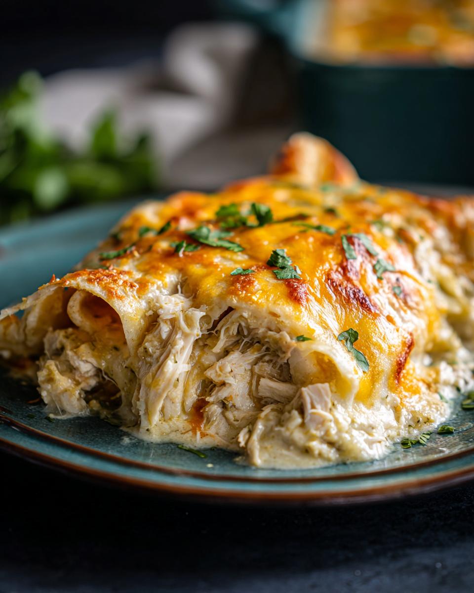 Close-up of cheesy green chile chicken enchiladas overflowing with shredded chicken and topped with melted cheddar.