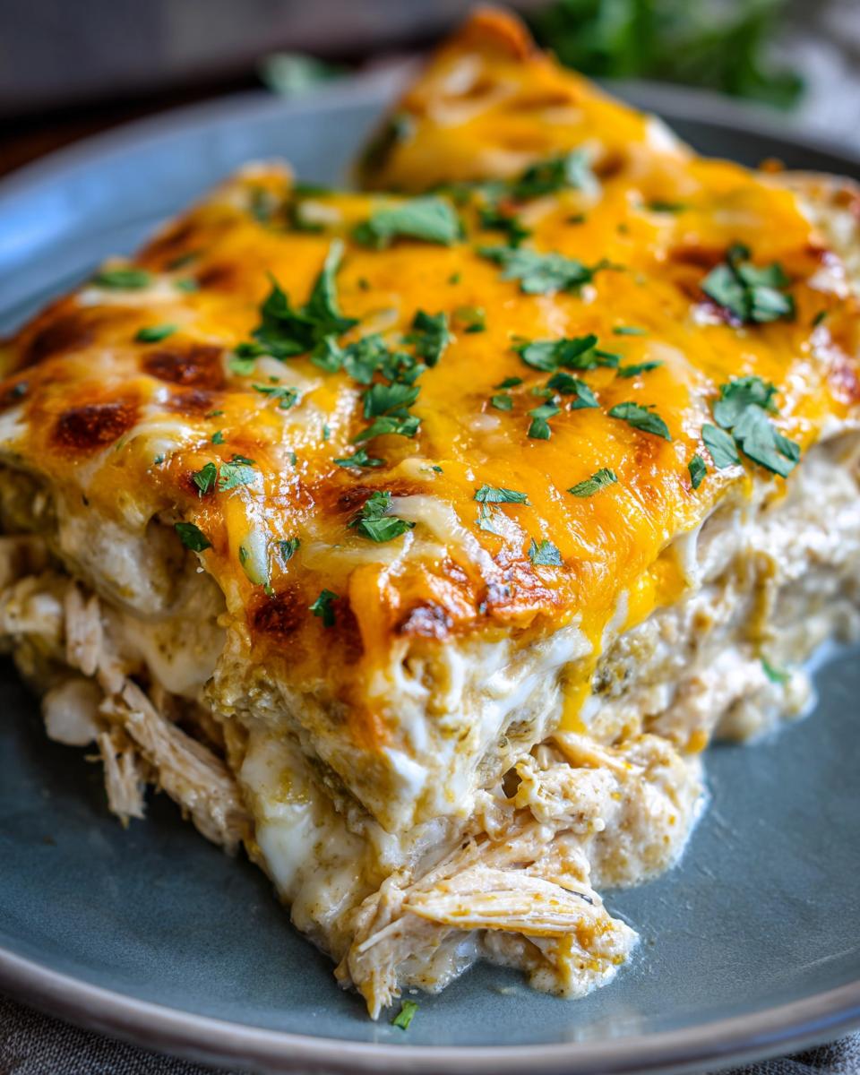 Close-up of a serving of green chile chicken enchiladas, smothered in melted cheddar and Monterey Jack cheese and topped with cilantro.