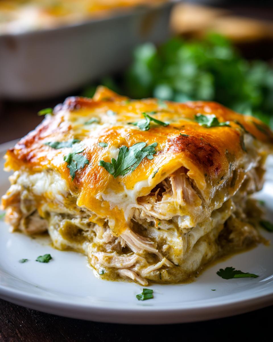 Close-up of a serving of green chile chicken enchiladas with shredded chicken and melted cheese.