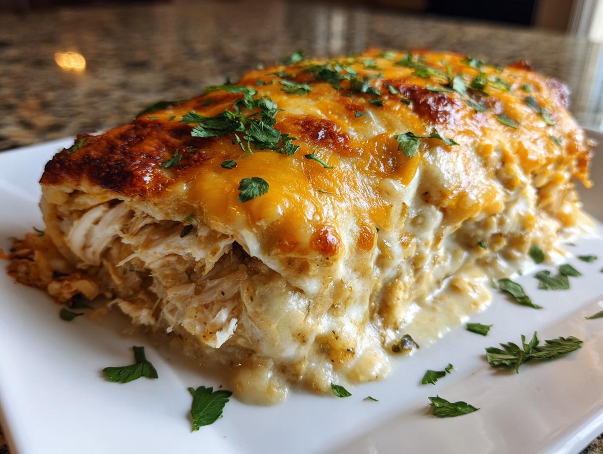A close-up of a hearty serving of green chile chicken enchiladas, topped with melted, browned cheese and fresh parsley.