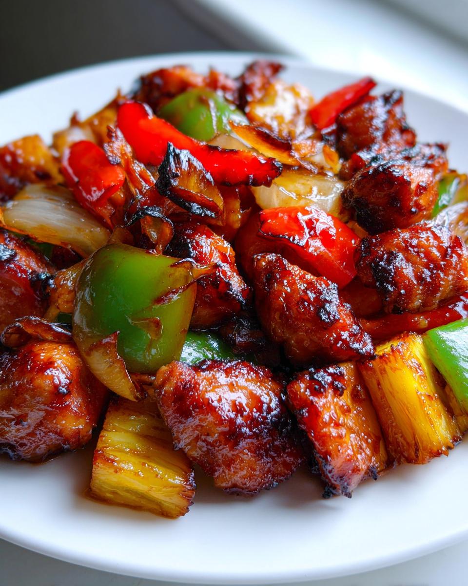 Close-up of glazed, caramelized Hawaiian chicken mixed with chunks of pineapple, red and green bell peppers, and onions.