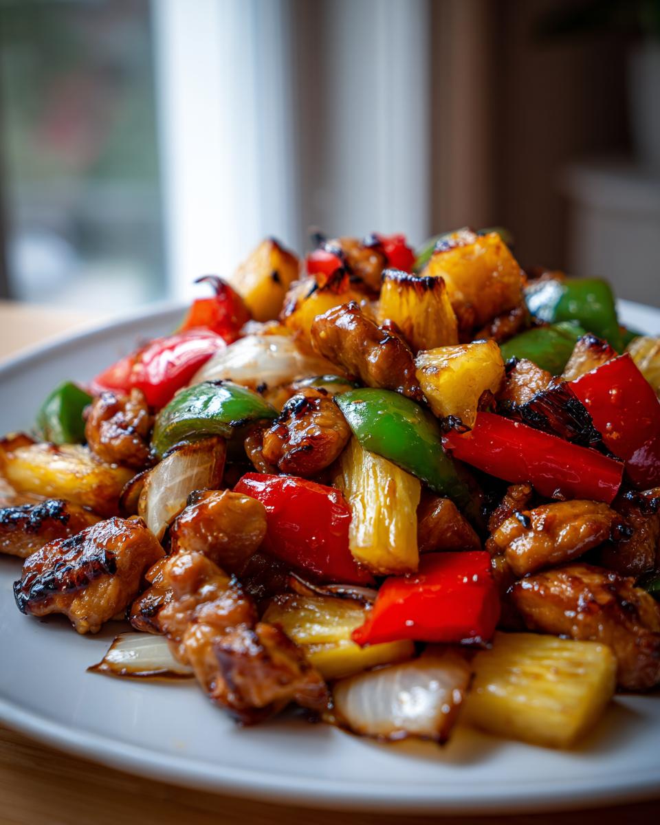 Close-up of caramelized chicken pieces, pineapple chunks, red and green peppers, and onions from the Hawaiian chicken sheet pan.