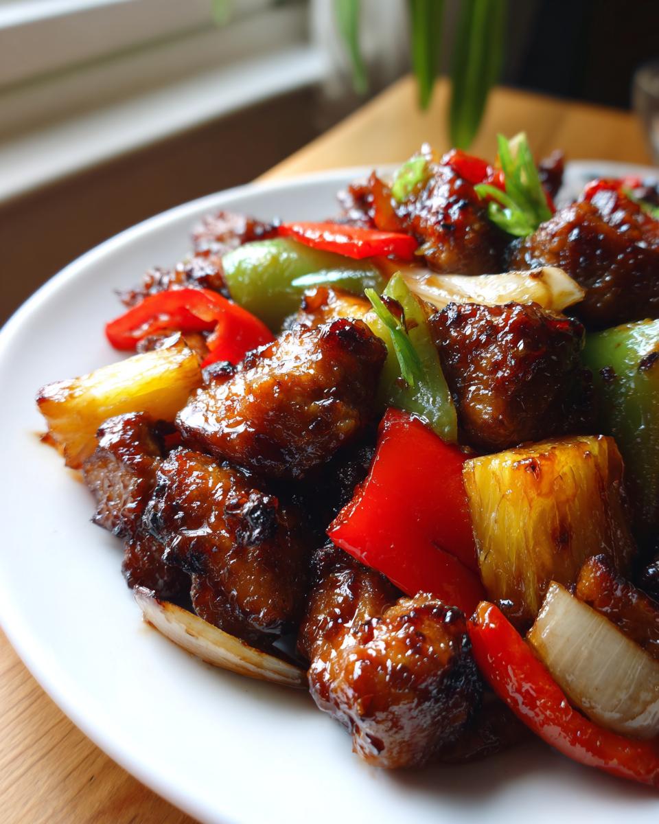 Close-up of glazed chicken pieces mixed with pineapple, red peppers, and onions from the Hawaiian chicken sheet pan.