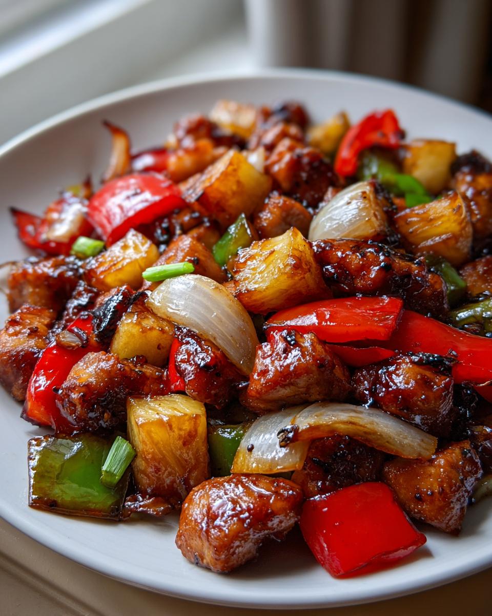 Close-up of glazed chicken pieces mixed with pineapple chunks, red peppers, and onions from the Hawaiian chicken sheet pan.