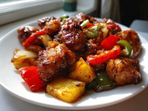Close-up of glazed chicken pieces mixed with pineapple chunks and colorful bell peppers from the Hawaiian chicken sheet pan recipe.