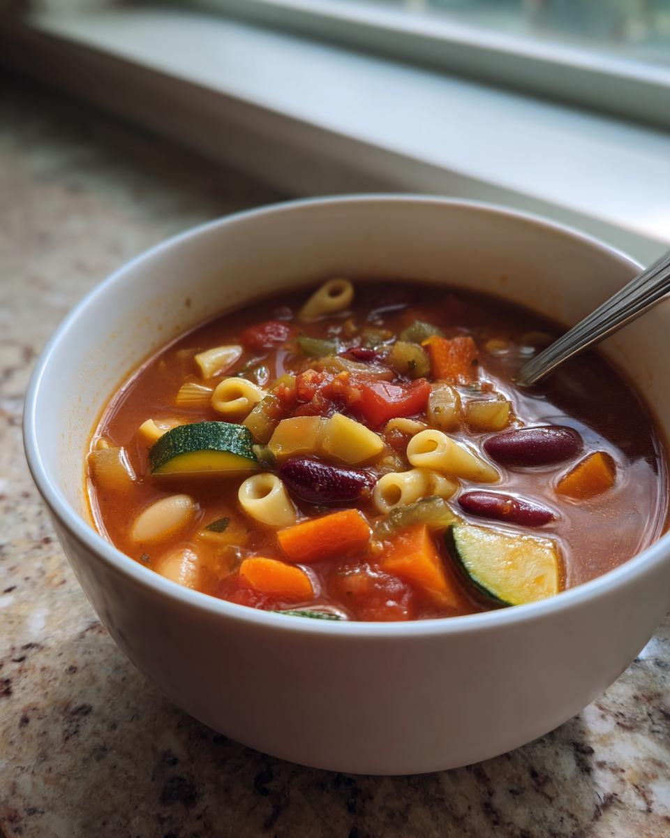 Close-up of a white bowl filled with rich, tomato-based minestrone soup featuring zucchini, carrots, beans, and pasta.