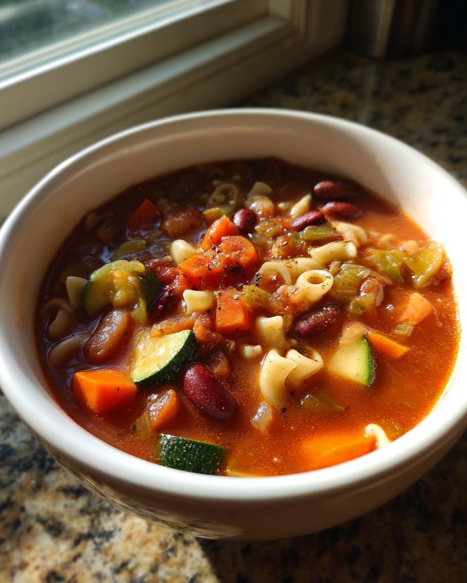 Close-up of a white bowl filled with rich, tomato-based minestrone soup featuring zucchini, carrots, beans, and small pasta shapes.