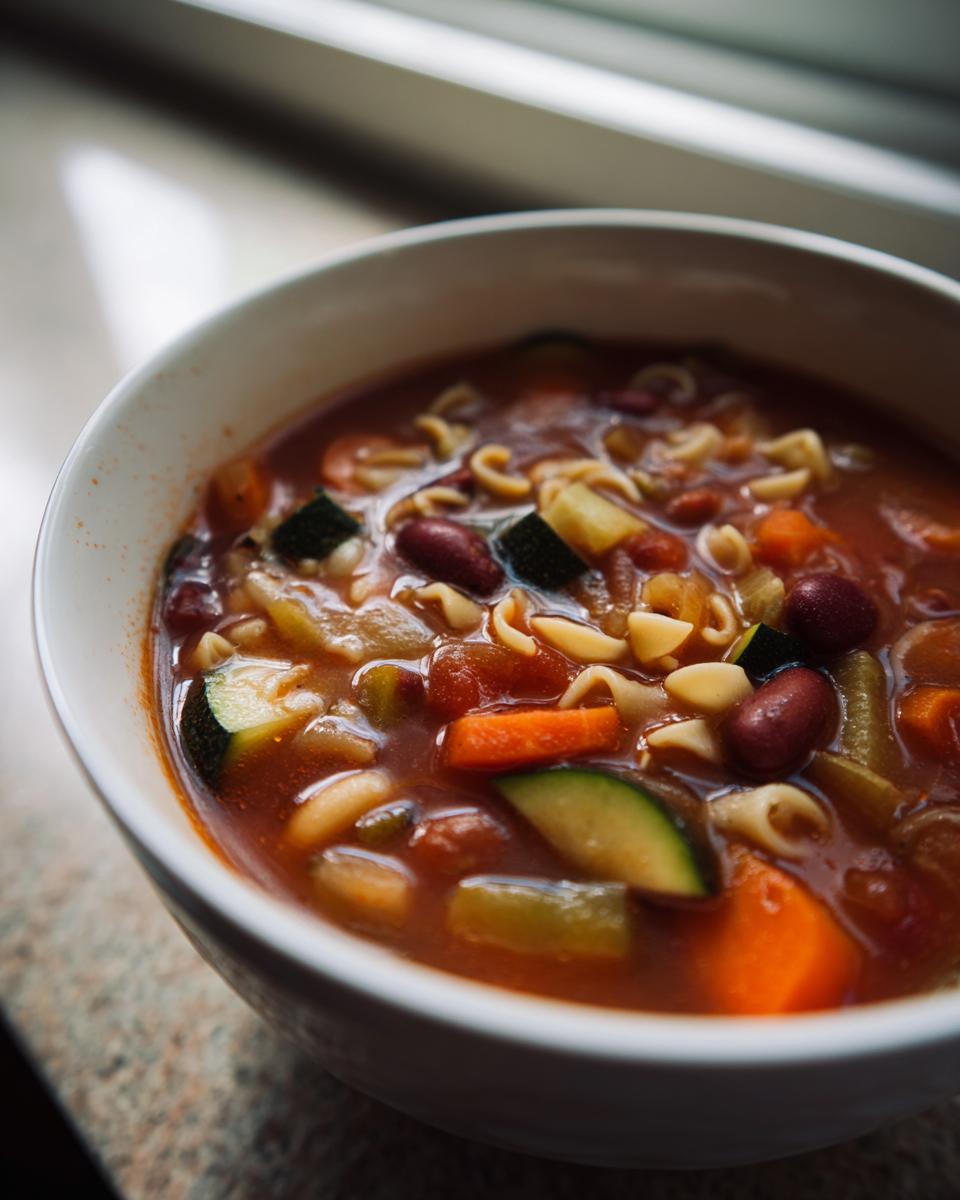 Close-up of a white bowl filled with rich, tomato-based minestrone soup featuring zucchini, carrots, beans, and small pasta shapes.