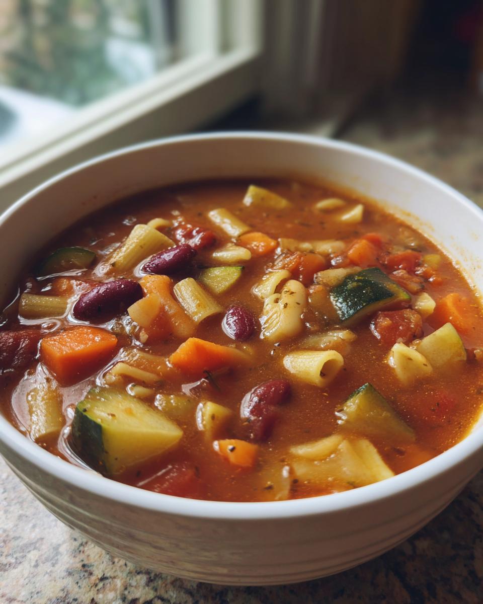 Close-up of a white bowl filled with rich, tomato-based minestrone soup featuring pasta, zucchini, carrots, and kidney beans.