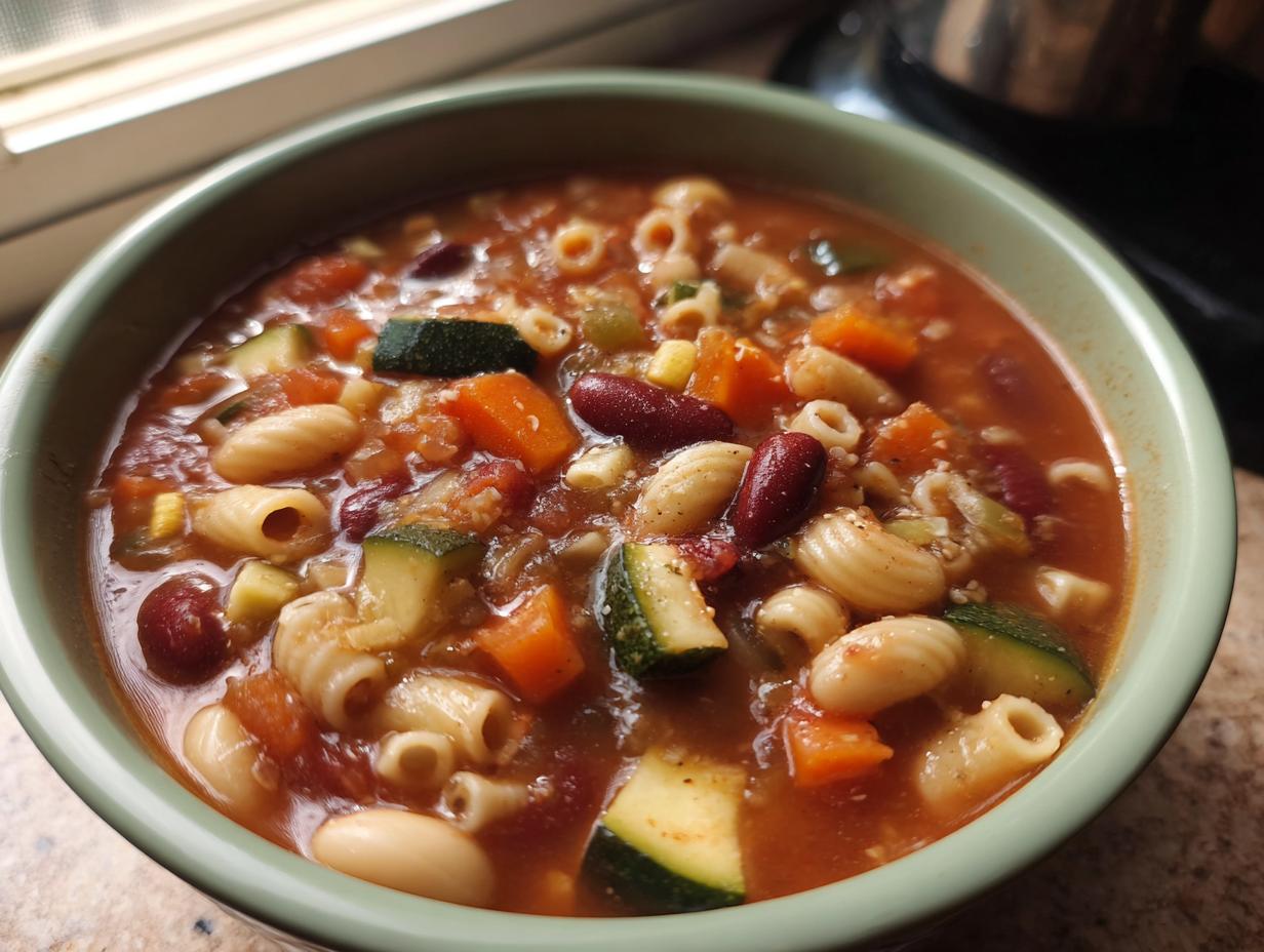 Close-up of a steaming bowl of rich minestrone soup filled with zucchini, carrots, beans, and ditalini pasta.