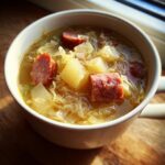 Close-up of a white mug filled with steaming sauerkraut soup, featuring chunks of sausage and potatoes.