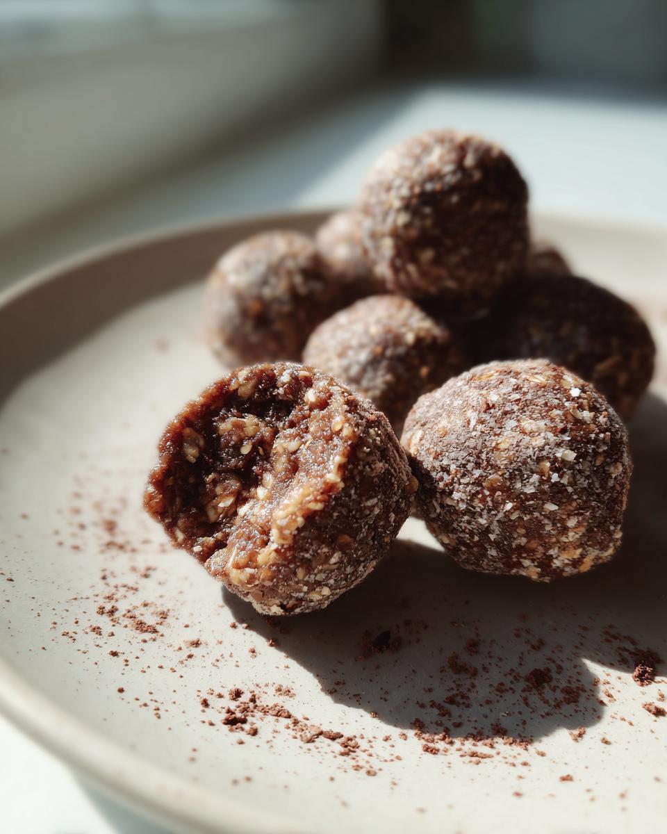A stack of dark, textured protein balls dusted with powder, with one cut open showing the oat and nut interior.