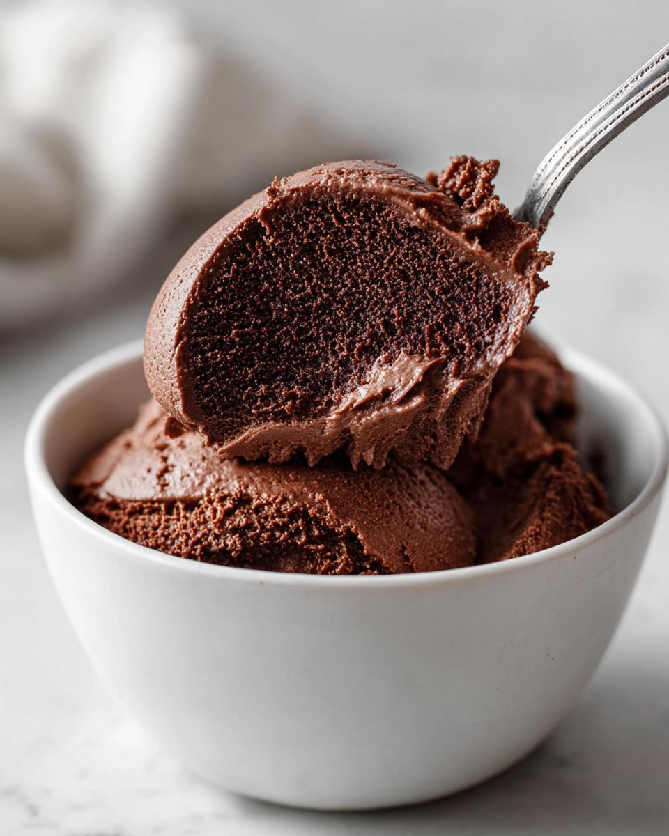 A spoonful of rich, dark homemade chocolate pudding showing its thick, airy texture in a white bowl.