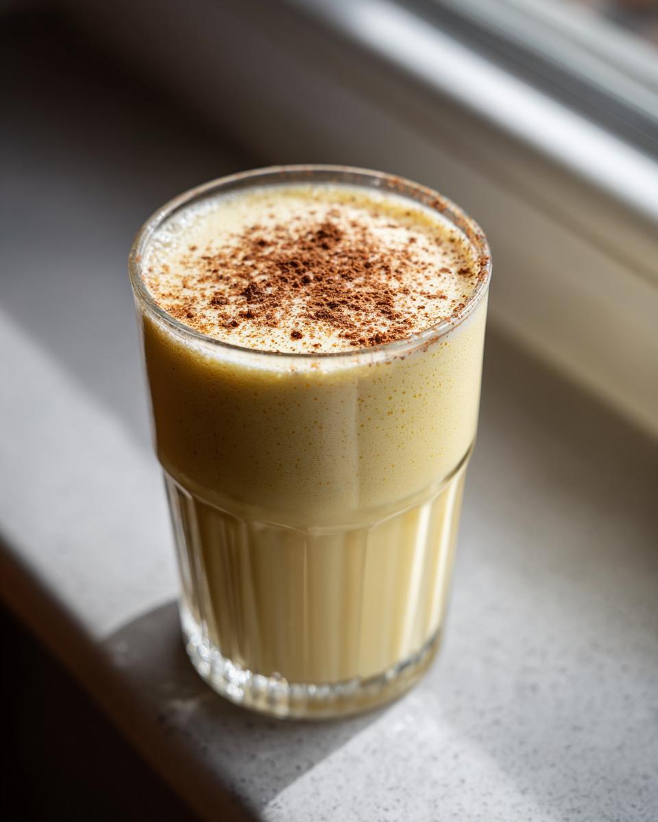 A tall glass of creamy yellow homemade eggnog topped with a dusting of cinnamon.