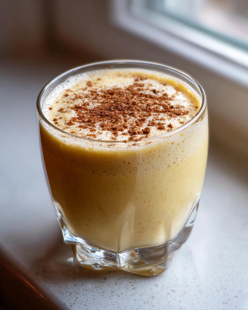 A close-up of a glass filled with creamy, pale yellow homemade eggnog, topped with a generous dusting of cinnamon.