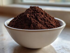 A mound of rich, dark brown homemade hot cocoa mix powder piled high in a small white bowl.