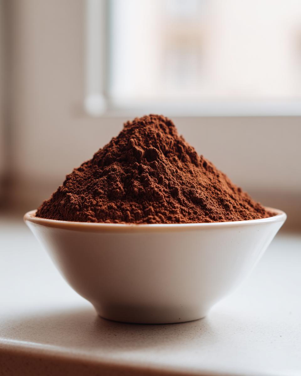 Close-up of a mound of rich brown homemade hot cocoa mix powder filling a small white bowl.