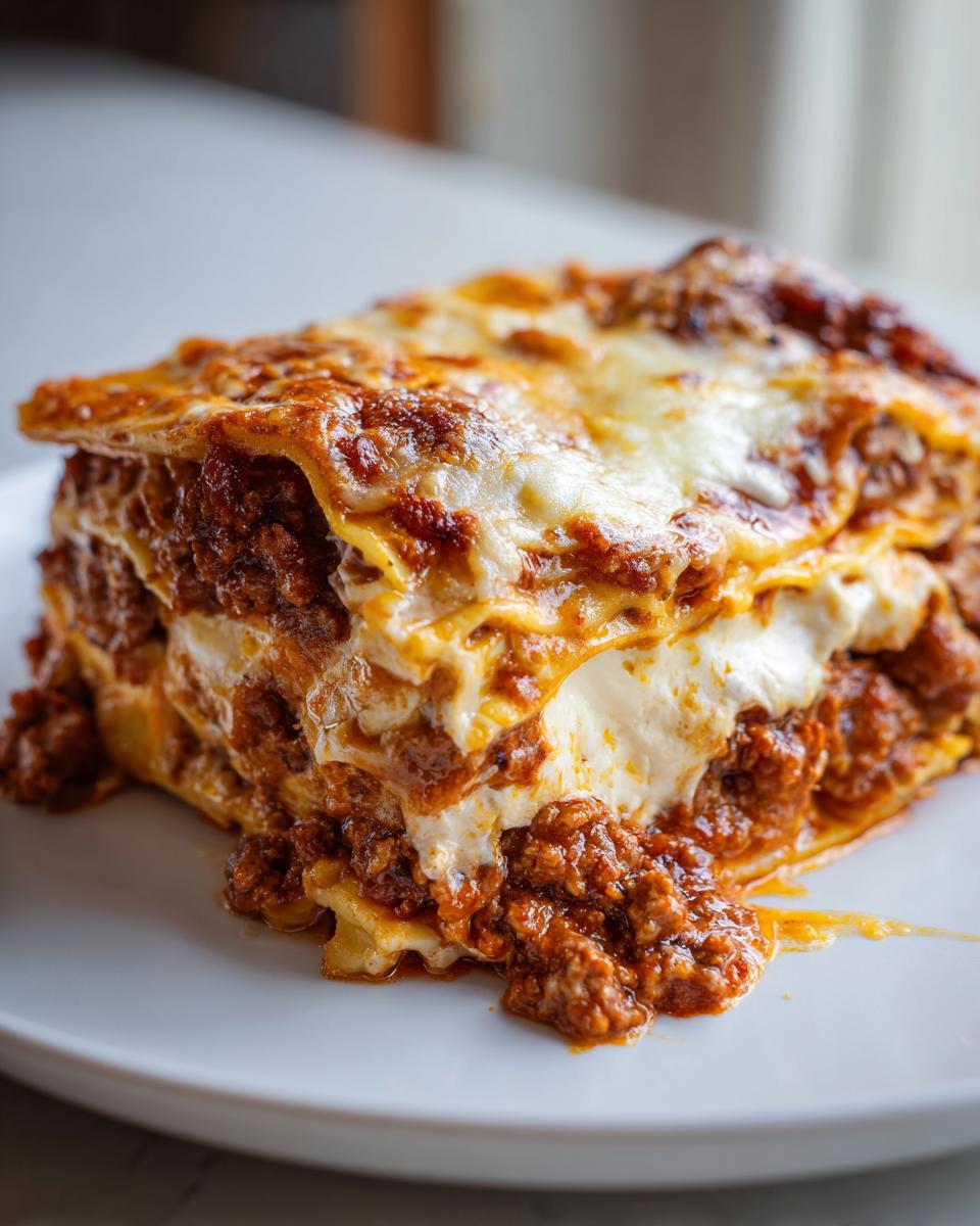 A close-up of a thick, layered slice of homemade lasagna featuring rich meat sauce and melted cheese.