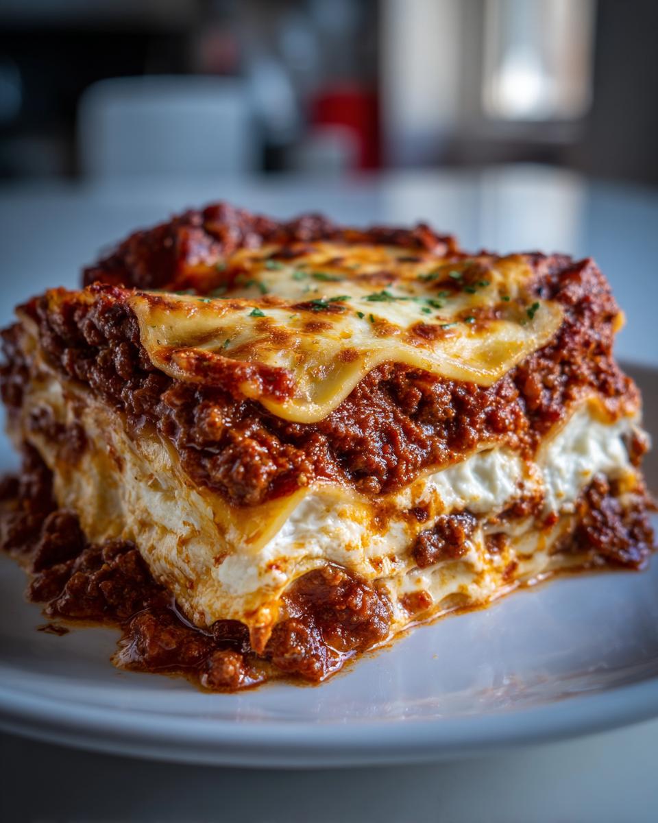 Close-up of a thick, layered slice of homemade lasagna featuring rich meat sauce and melted cheese topping.